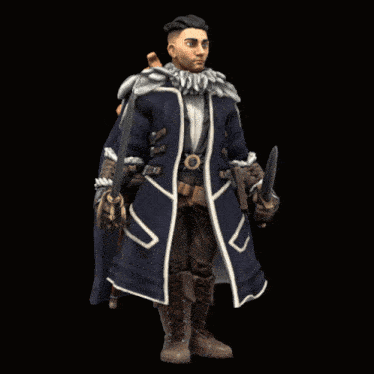 a 3d model of a man holding a sword and a crossbow on his back