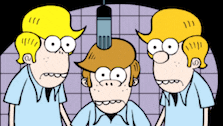 three cartoon characters standing next to each other with a microphone on their head