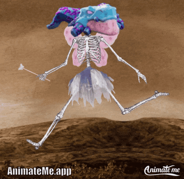 an animate me app shows a skeleton in a tutu holding a wand