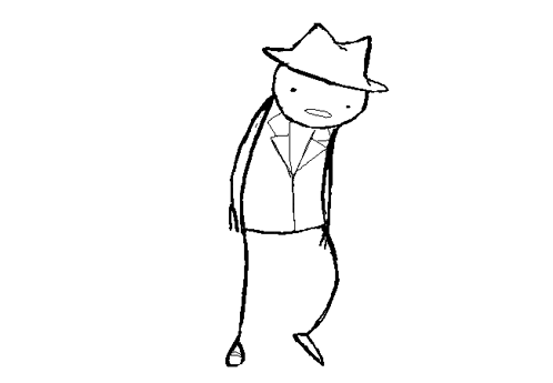 a black and white drawing of a man wearing a hat and jacket