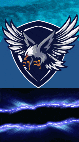 a blue background with an eagle and lightning strikes
