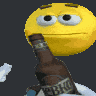 a pixel art of a yellow smiley face holding a beer bottle .