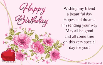 a birthday card for a friend with pink flowers and a red heart