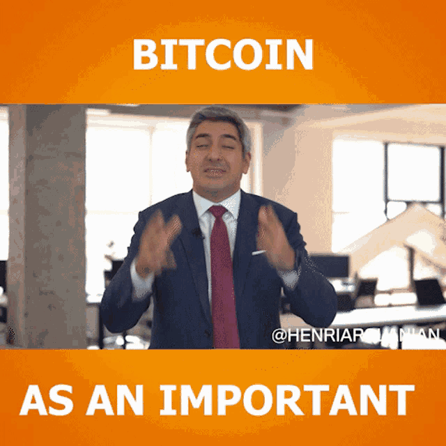 a man in a suit and tie talking about bitcoin as an important