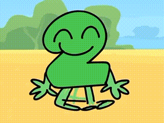 a cartoon drawing of a green number two with a smiling face and arms and legs .
