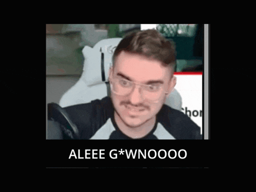 a man wearing glasses and a black shirt with the words aleee g * wnoooo on the bottom