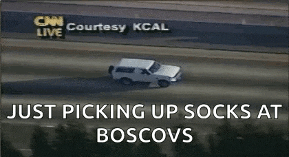 a white van is driving down a highway with the caption just picking up socks at boscovs