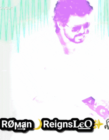 a man wearing sunglasses and a white shirt has roman reigns leo written on the bottom right