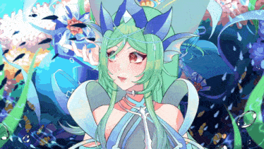 a drawing of a girl with green hair and a crown on her head