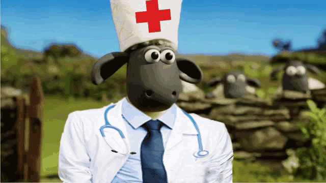 a cartoon sheep wearing a doctor 's coat and hat with a red cross