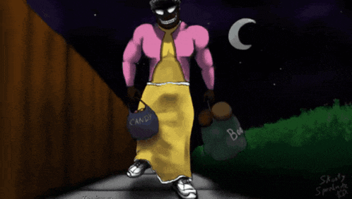 a cartoon drawing of a woman carrying a bag of candy and a bag of boo