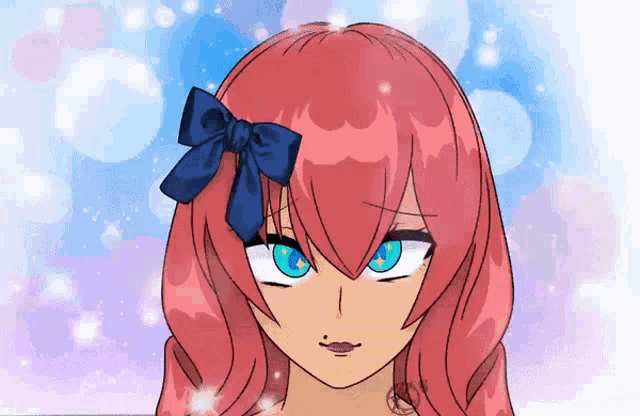 a girl with red hair and blue eyes has a bow in her hair