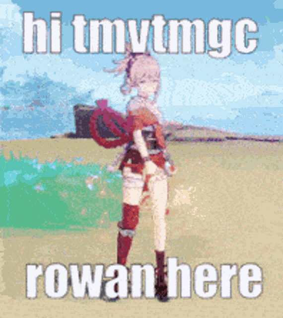 a picture of a girl with the words hi tmvtmgc rowan here on it