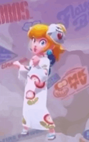 a cartoon character is wearing a kimono and a hat while dancing .