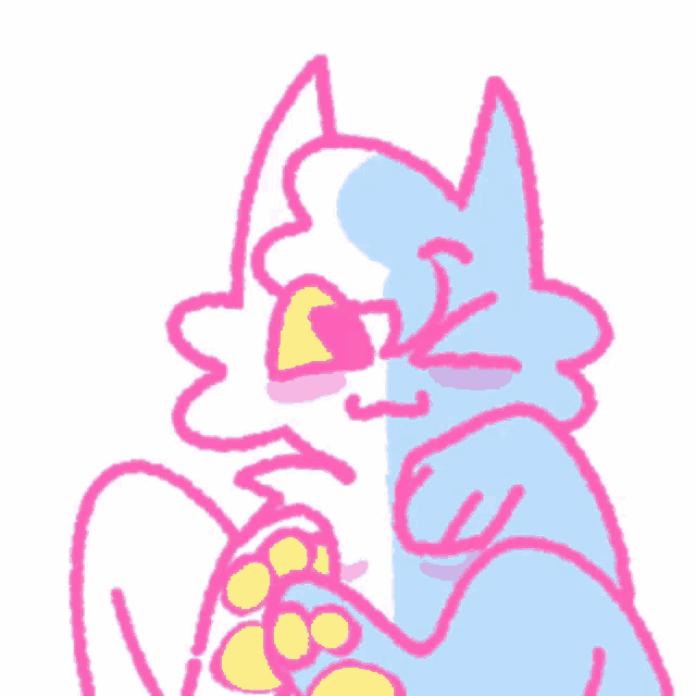a drawing of a blue and white cat with a yellow nose and paws
