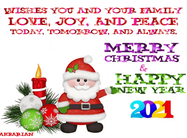 a merry christmas and happy new year greeting card with santa claus