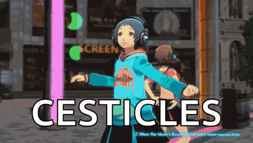 a girl with headphones is dancing in front of a sign that says " screen "