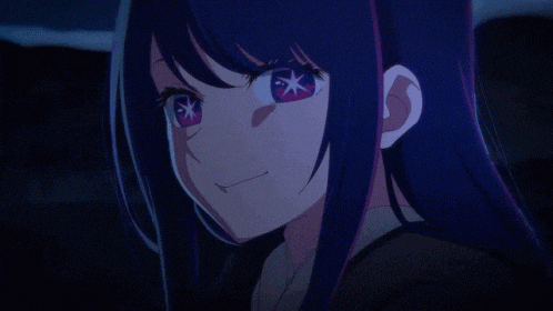 a close up of a anime girl with purple hair and red eyes