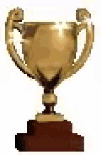 a gold trophy is sitting on top of a wooden pedestal on a white background .