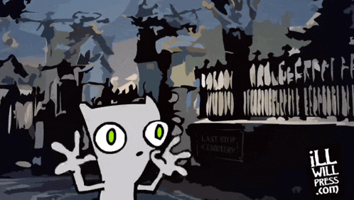 a cartoon cat stands in front of a cemetery sign that says last stop cemetery