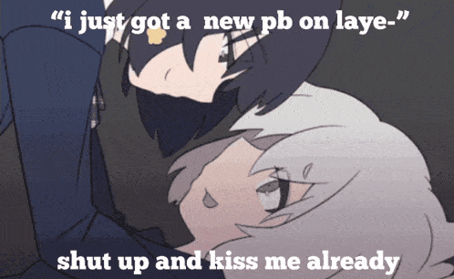a couple of anime characters with the words " i just got a new pb on laye "