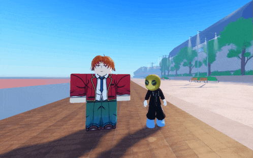 a boy in a red jacket and tie is standing next to a yellow alien