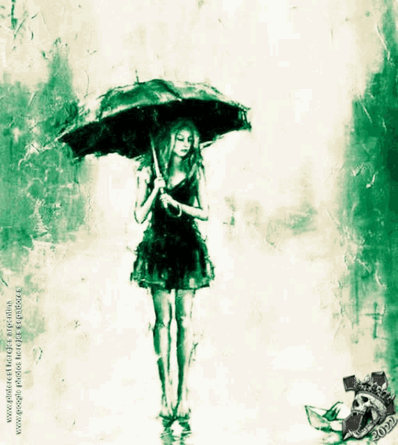 a painting of a woman holding an umbrella with the year 2002 on the bottom right