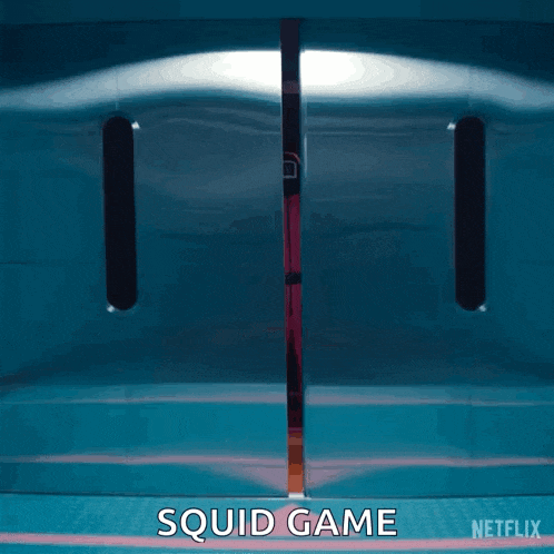 a squid game advertisement for netflix shows a man standing between two doors