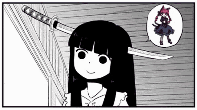 a black and white drawing of a girl with a sword in her hair and a cat .