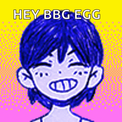 a drawing of a boy with blue hair and the words hey bbg egg on the bottom