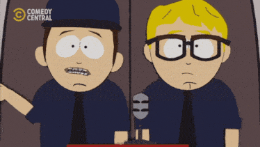 two cartoon characters are sitting next to each other with the words comedy central on the bottom