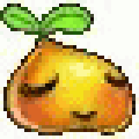 a pixel art drawing of a yellow pear with a green leaf on top .
