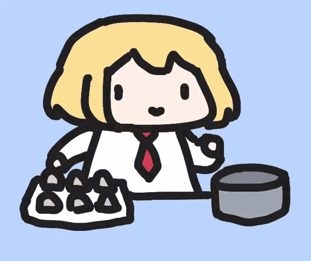 a drawing of a person cooking with a pan and a tray of eggs