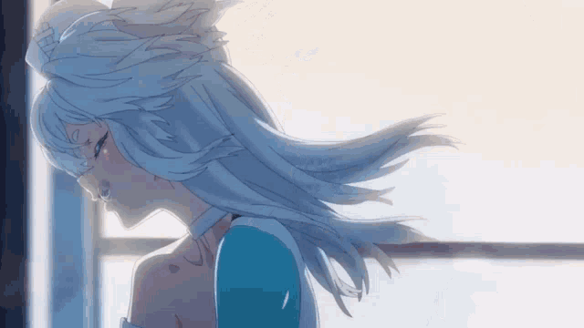 a woman with long white hair is wearing a blue shirt