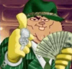 a cartoon character is holding a fan of money and talking on a phone .