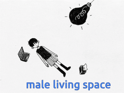 a drawing of a boy laying on the floor with the words male living space below him