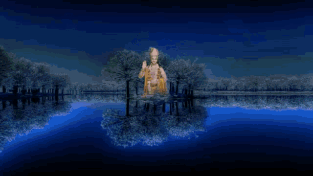 a computer generated image of a lake with a swan and flowers