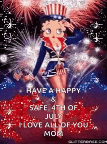 betty boop is wearing an uncle sam hat and holding a flag on a 4th of july card .