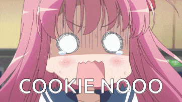 a girl with pink hair says cookie nooo in front of her