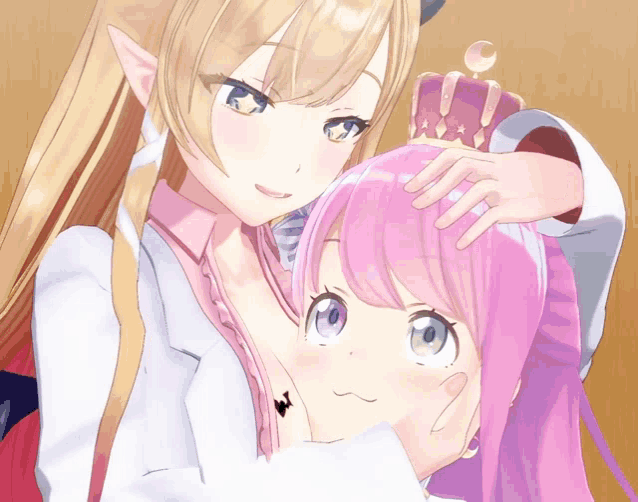 a girl with pink hair and a crown on her head