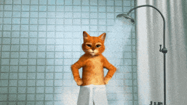 a cartoon cat is taking a shower with a towel around its waist