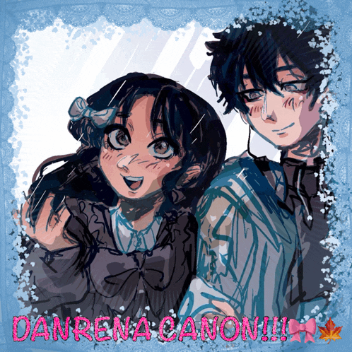 a drawing of a boy and a girl with danrena canon written on the bottom right