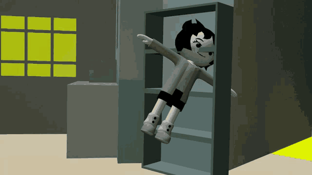 a black and white cartoon character is standing in a closet