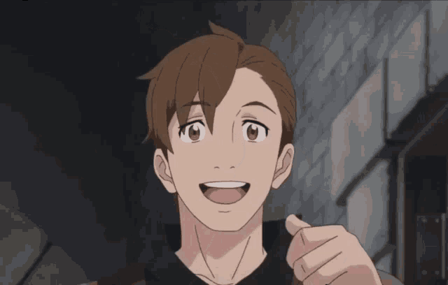 a cartoon character with brown hair is smiling and pointing at the camera