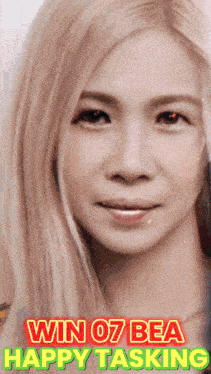 a picture of a woman with the words win 07 bea happy tasking below her