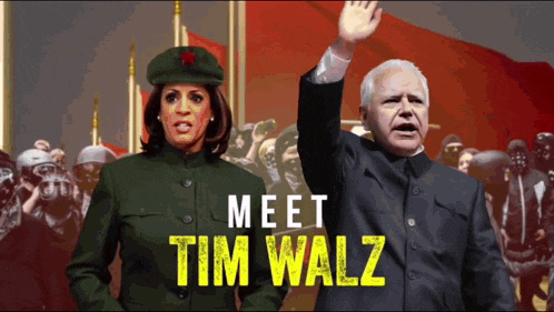 a poster for meet tim walz shows a woman in a red hat and a man in a black suit