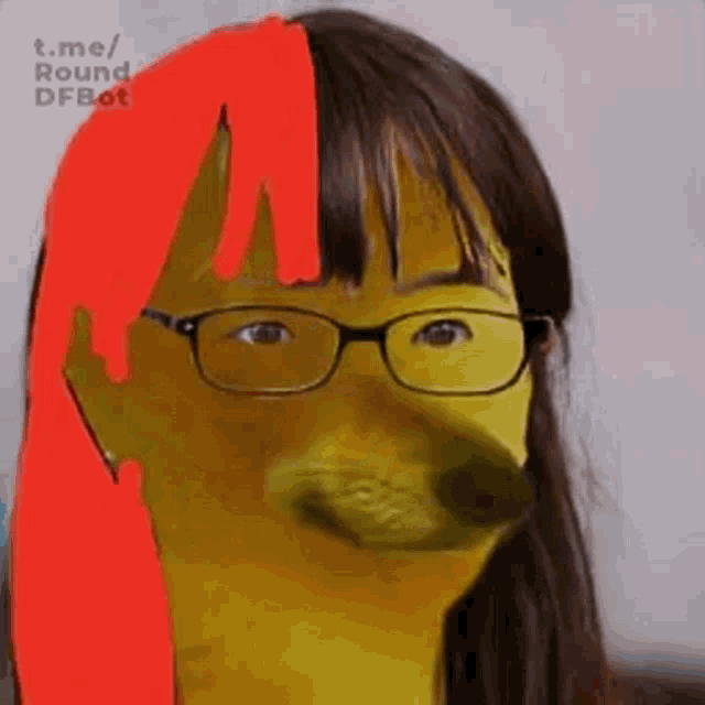 a woman with glasses and red hair is turned into a dog with a big mouth .
