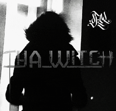 a black and white photo of a person with the word witch written in white