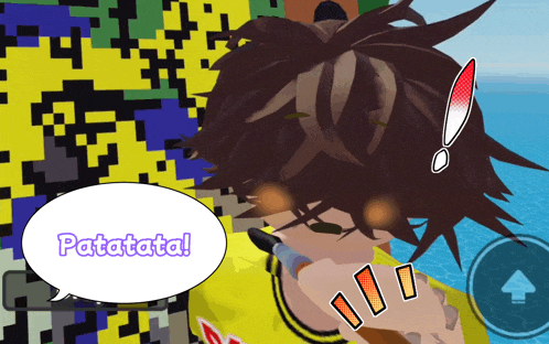 a cartoon character with a speech bubble saying patatata