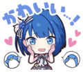 a sticker of a girl with blue hair and blue eyes with hearts around her .
